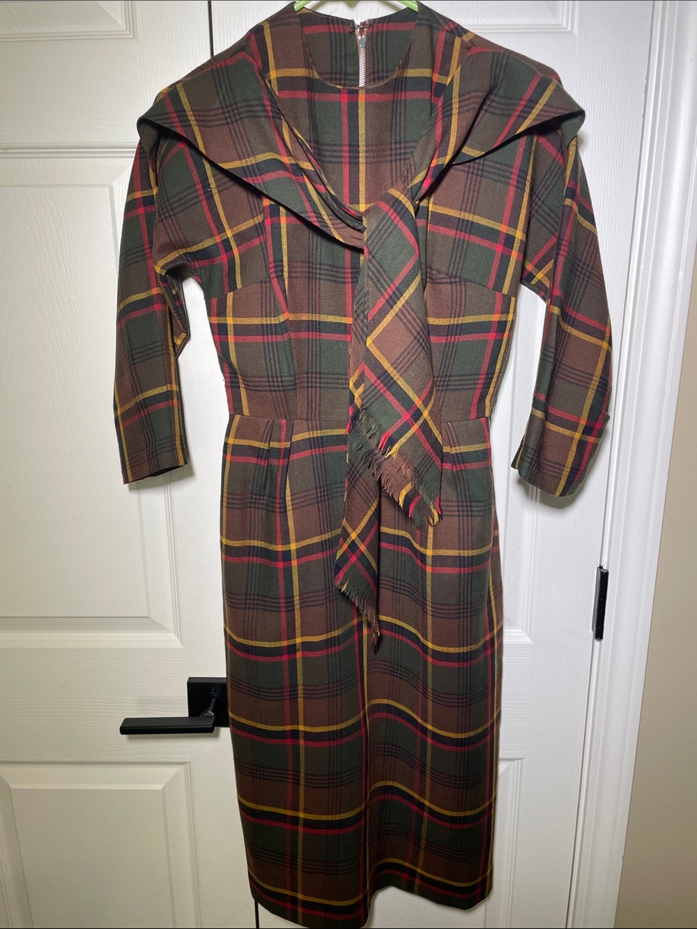 VTG 1950s Jerell Jr NY Brown Plaid Pencil Dress Neck Tie Size‎ XS